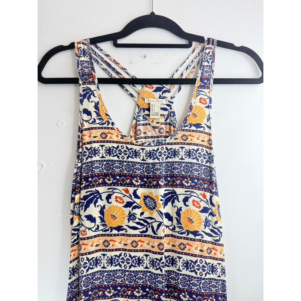 Forever 21 Women's Blue Orange Floral Boho Maxi Dress Strappy Racerback Sz S - Picture 4 of 12